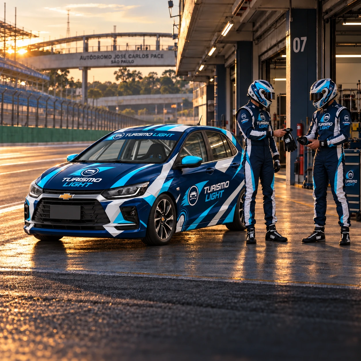 Dois pilotos Turismo Light se preparam para o Endurance ao lado do Onix, com as portas fechadas, nos boxes de Interlagos.
